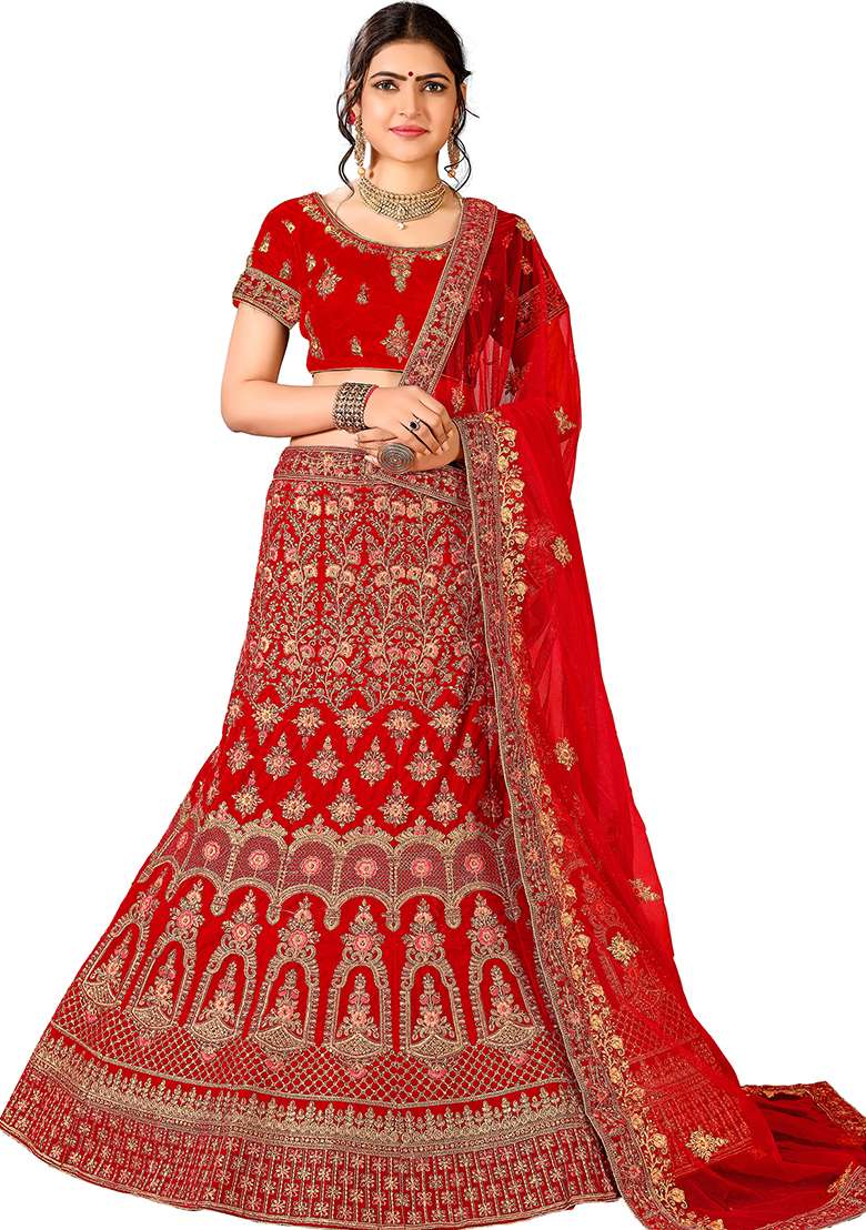 Red Work Women Choli Velvet Lehenga with Embroidery for Diwali | Wedding & Festive Wear - Indya