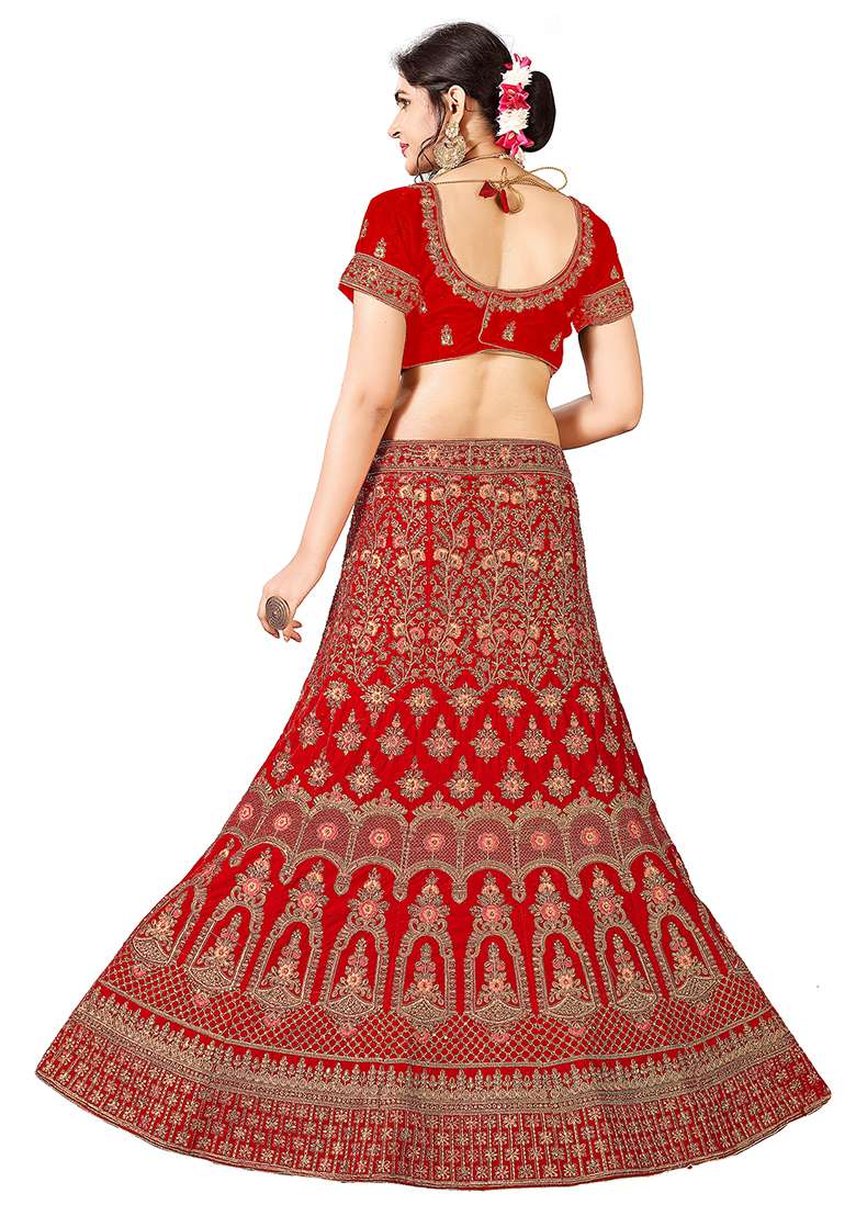 Red Work Women Choli Velvet Lehenga with Embroidery for Diwali | Wedding & Festive Wear - Indya