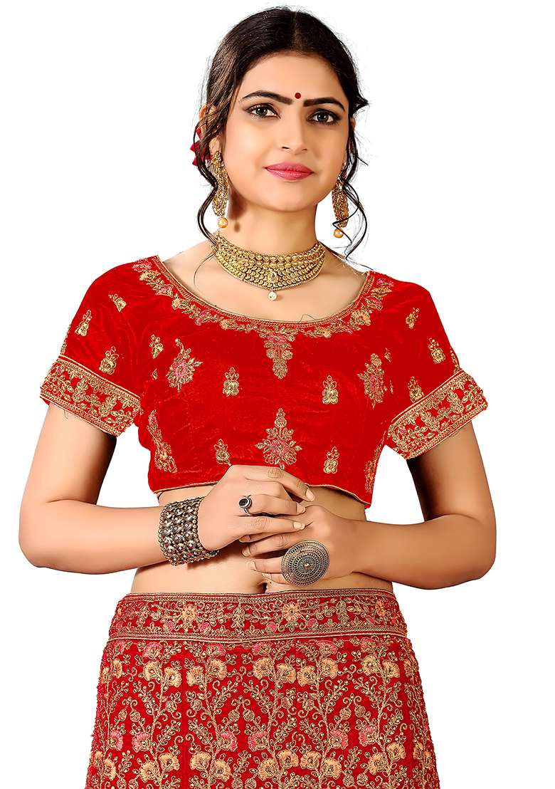 Red Work Women Choli Velvet Lehenga with Embroidery for Diwali | Wedding & Festive Wear - Indya
