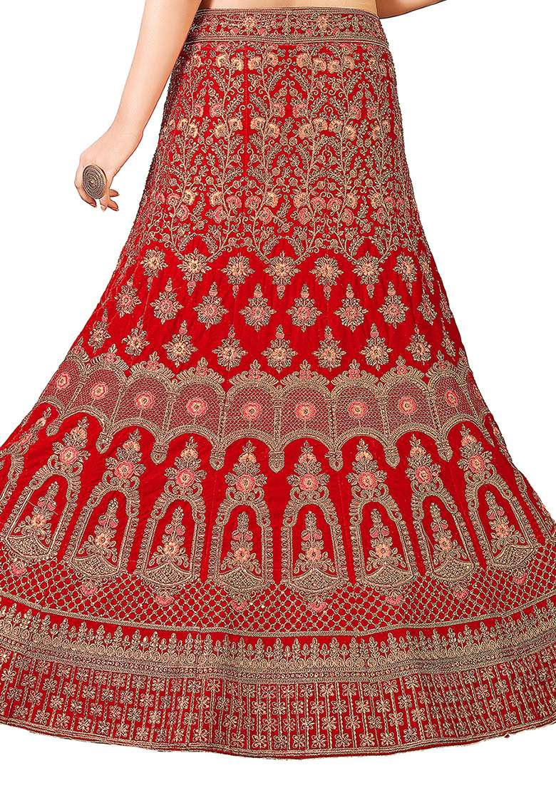 Red Work Women Choli Velvet Lehenga with Embroidery for Diwali | Wedding & Festive Wear - Indya