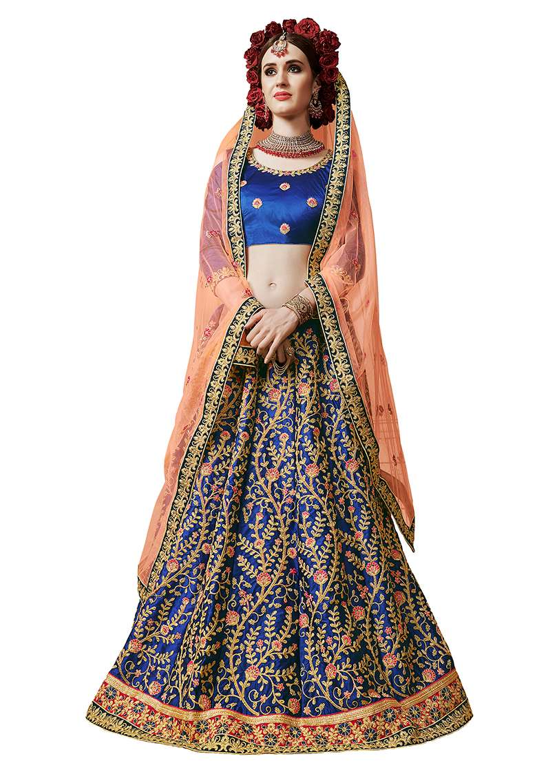 Blue Embroidery Work Silk Women Lehenga Choli - Indya