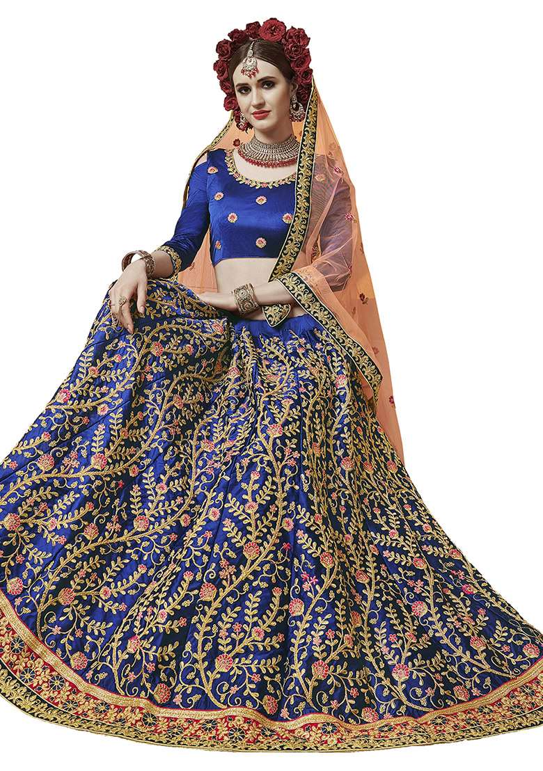 Blue Embroidery Work Silk Women Lehenga Choli - Indya