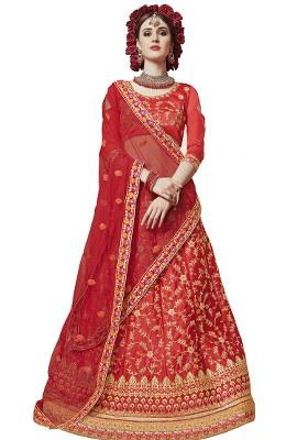 Red Embroidery Work Silk Women Lehenga Choli