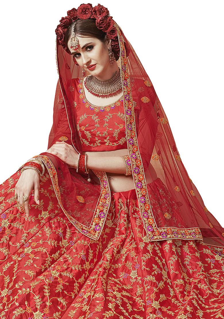 Red Embroidery Work Silk Women Lehenga Choli