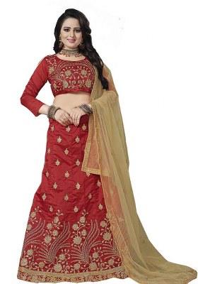 Red Embroidery Work Silk Women Lehenga Choli