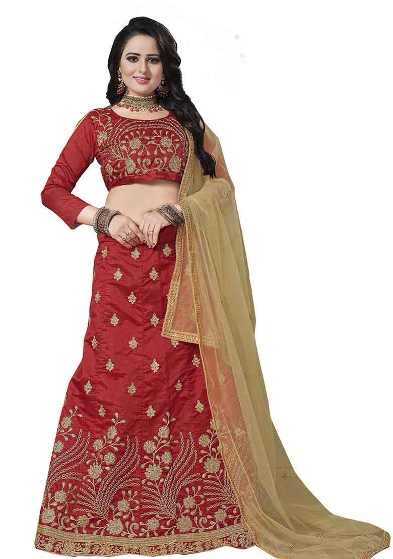 Red Embroidery Work Silk Women Lehenga Choli