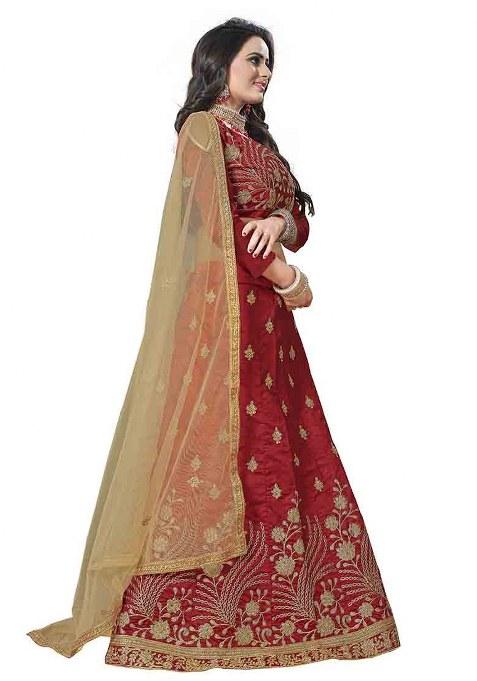 Red Embroidery Work Silk Women Lehenga Choli