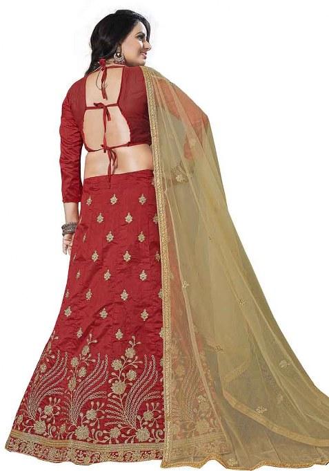 Red Embroidery Work Silk Women Lehenga Choli