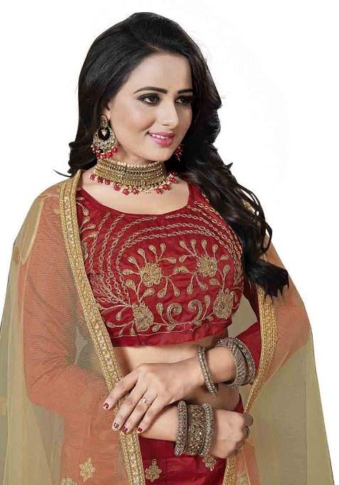 Red Embroidery Work Silk Women Lehenga Choli