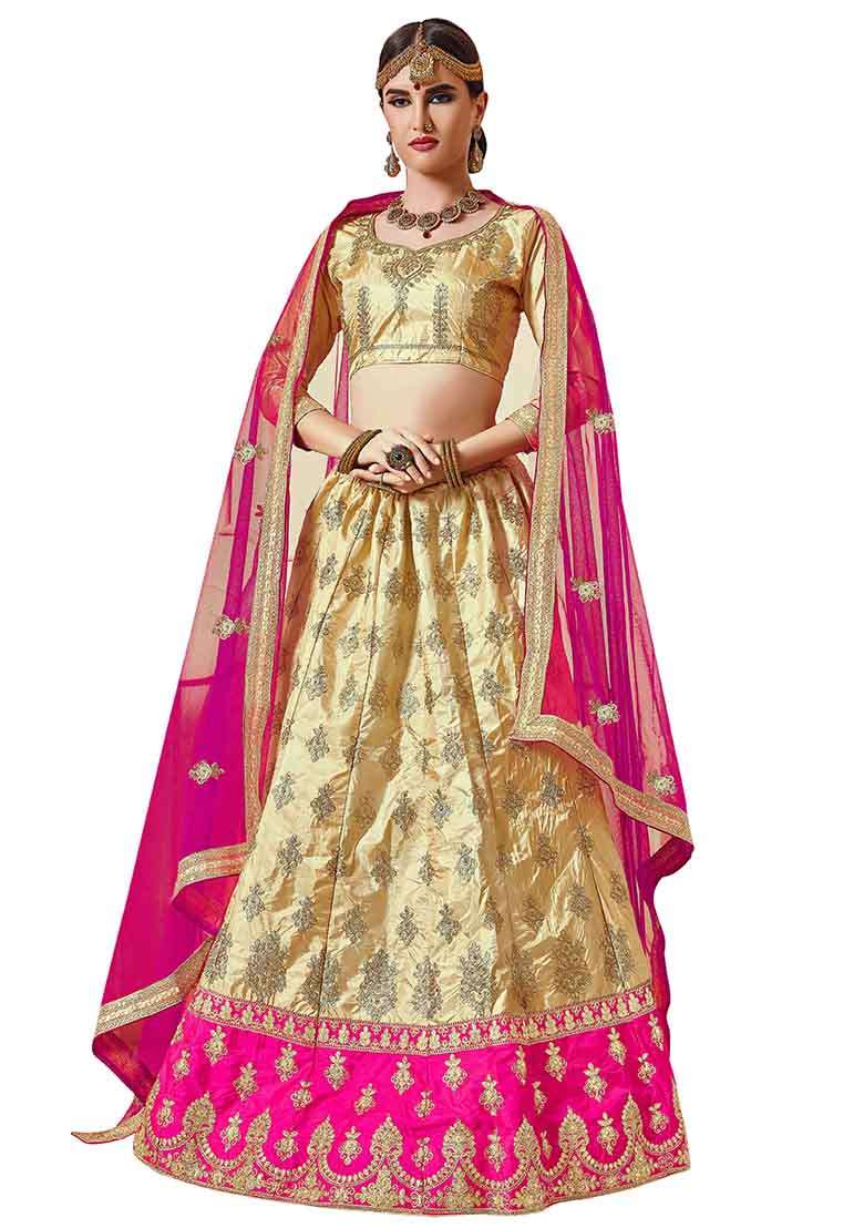 Beige Embroidery Work Silk Blend Women Lehenga Choli for Diwali and Festive Wear - Indya