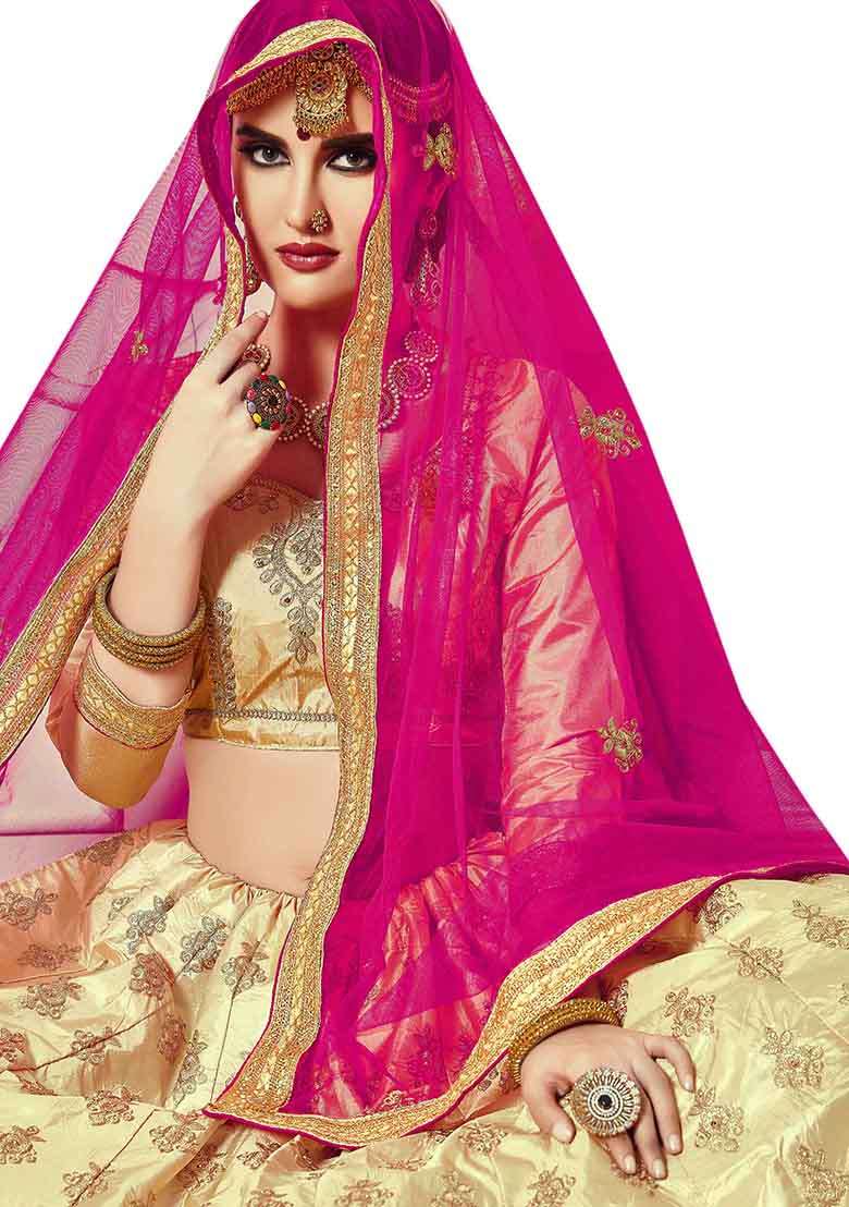 Beige Embroidery Work Silk Blend Women Lehenga Choli for Diwali and Festive Wear - Indya