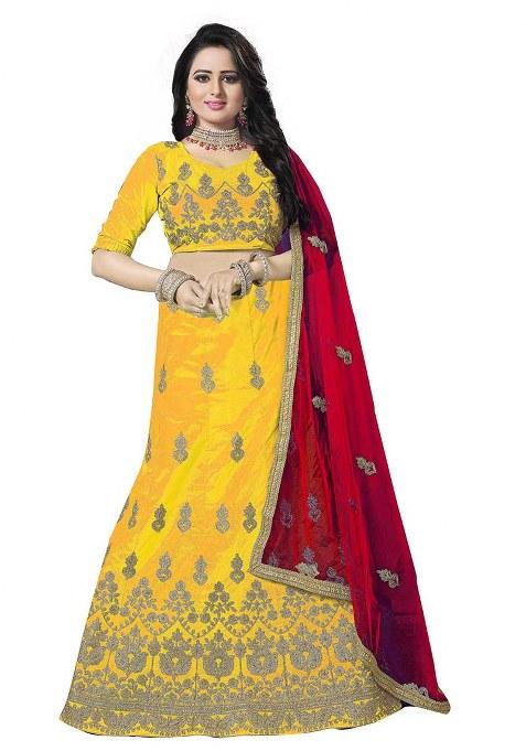 Yellow Embroidery Work Silk Women Lehenga Choli
