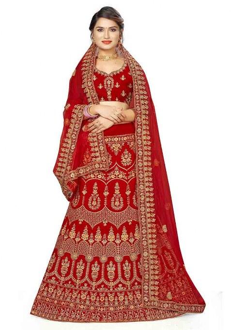 Red Embroidery Work Velvet Women Lehenga Choli