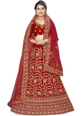 Red Embroidery Work Velvet Women Lehenga Choli