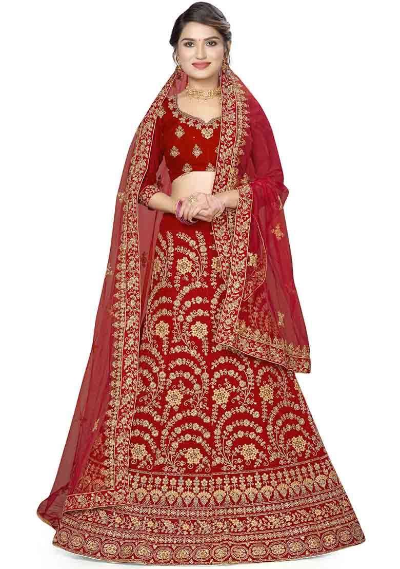 Red Embroidery Work Velvet Women Lehenga Choli - Indya