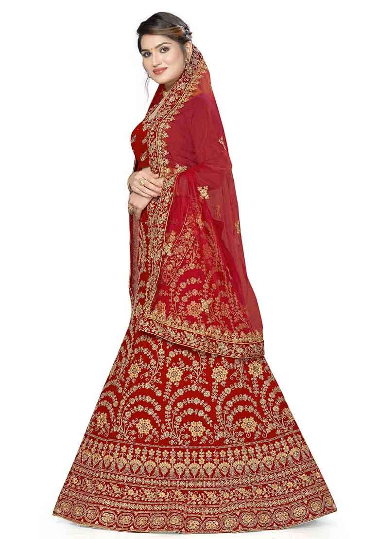 Red Embroidery Work Velvet Women Lehenga Choli - Indya