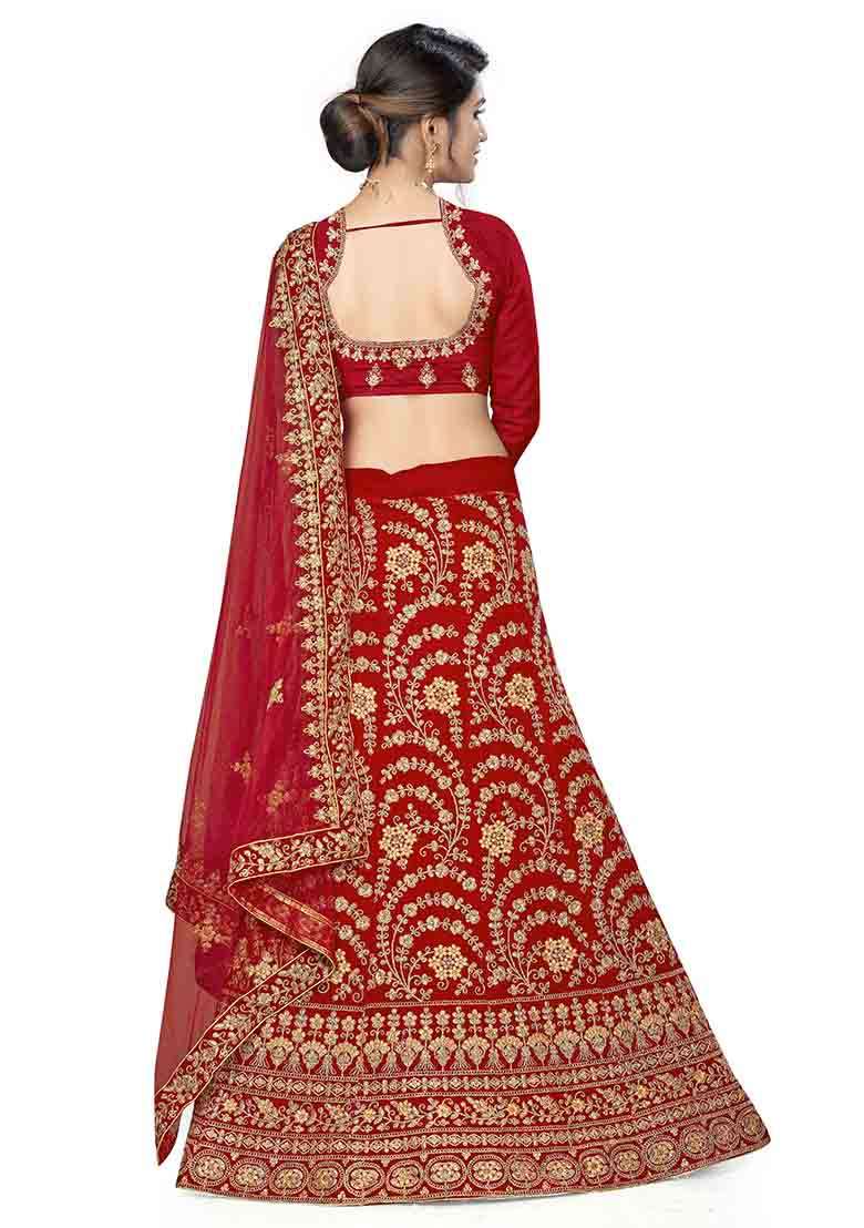 Red Embroidery Work Velvet Women Lehenga Choli - Indya