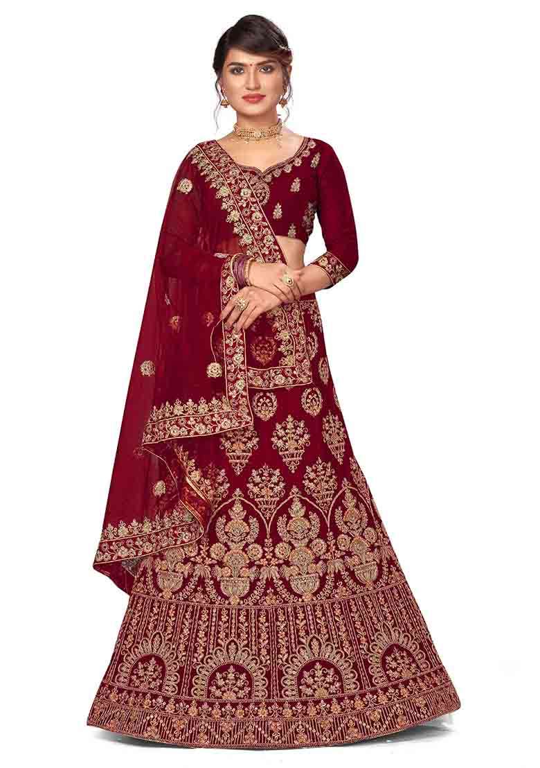 Maroon Embroidery Work Velvet Women Lehenga Choli - Indya