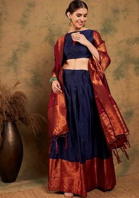 Navy Blue Embroidery Work Silk Women Lehenga Choli