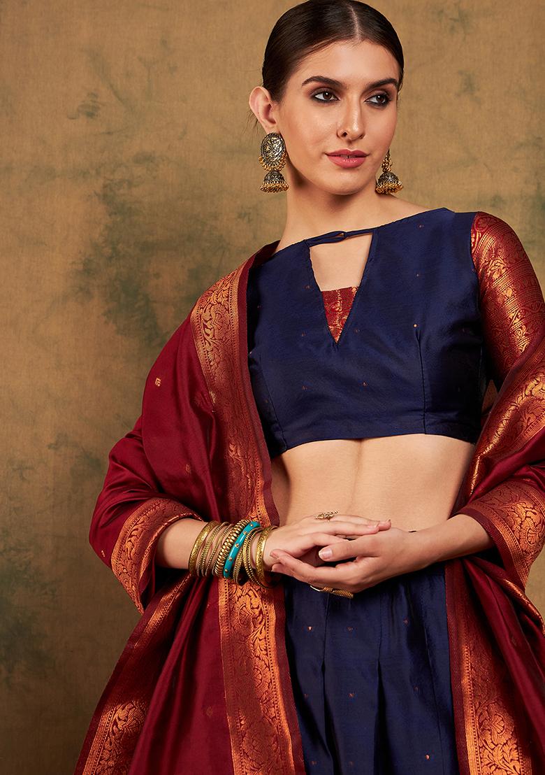 Navy Blue Embroidery Work Silk Women Lehenga Choli - Indya