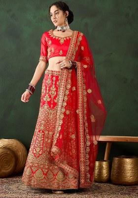 Red Embroidery Work Silk Women Lehenga Choli
