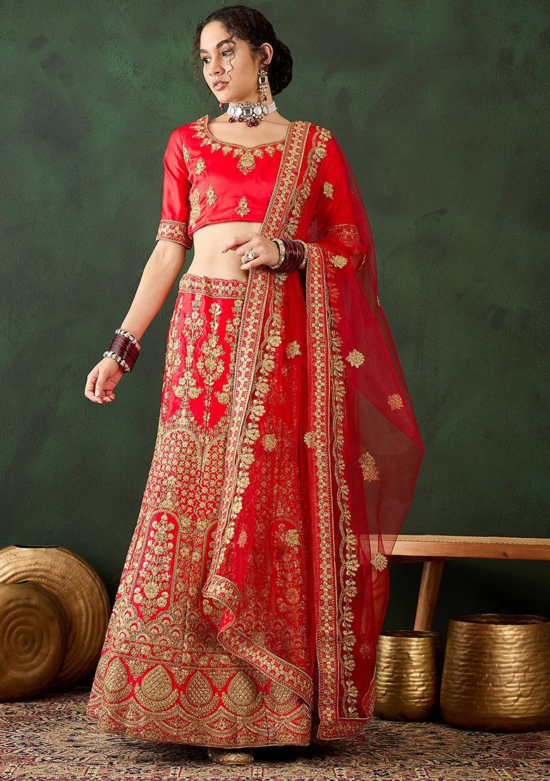 Red Embroidery Work Silk Women Lehenga Choli