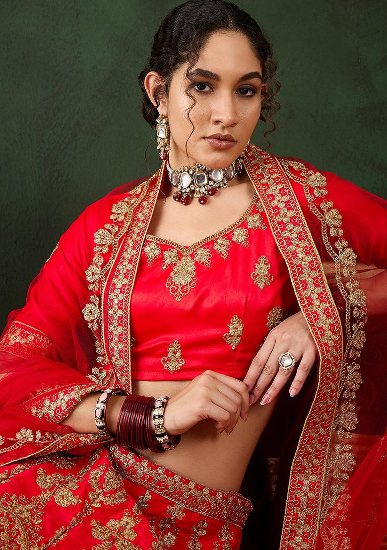 Red Embroidery Work Silk Women Lehenga Choli