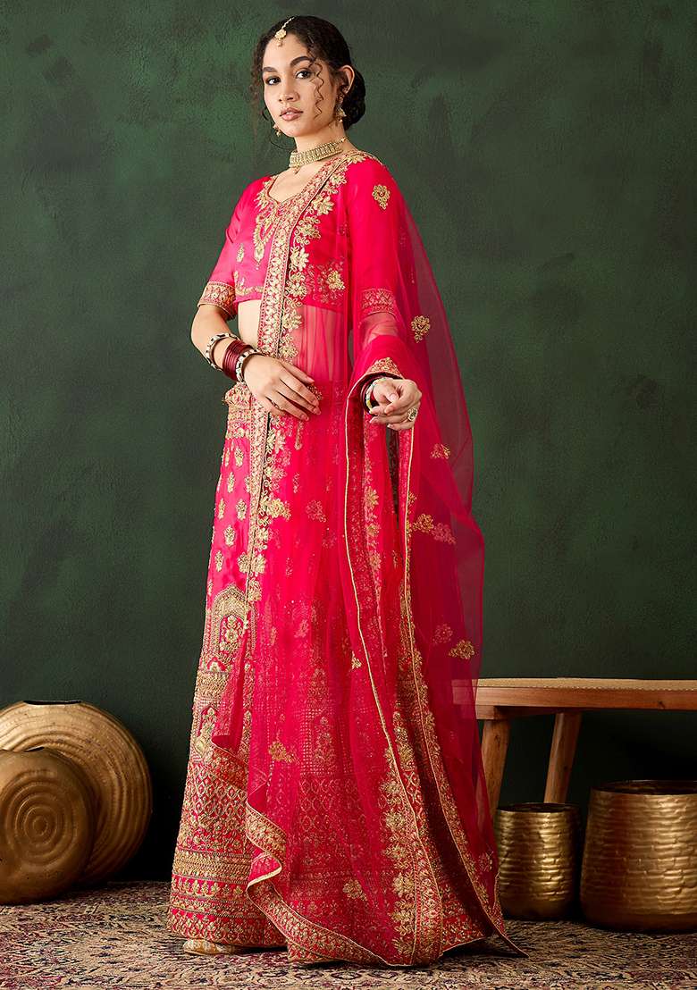 Pink Embroidery Work Silk Blend Women Lehenga Choli for Diwali and Festive Wear - Indya