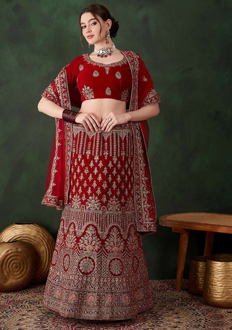 Red Work Women Choli Velvet Lehenga with Embroidery for Diwali | Wedding & Festive Wear - Indya