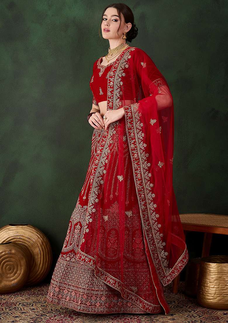 Red Work Women Choli Velvet Lehenga with Embroidery for Diwali | Wedding & Festive Wear - Indya