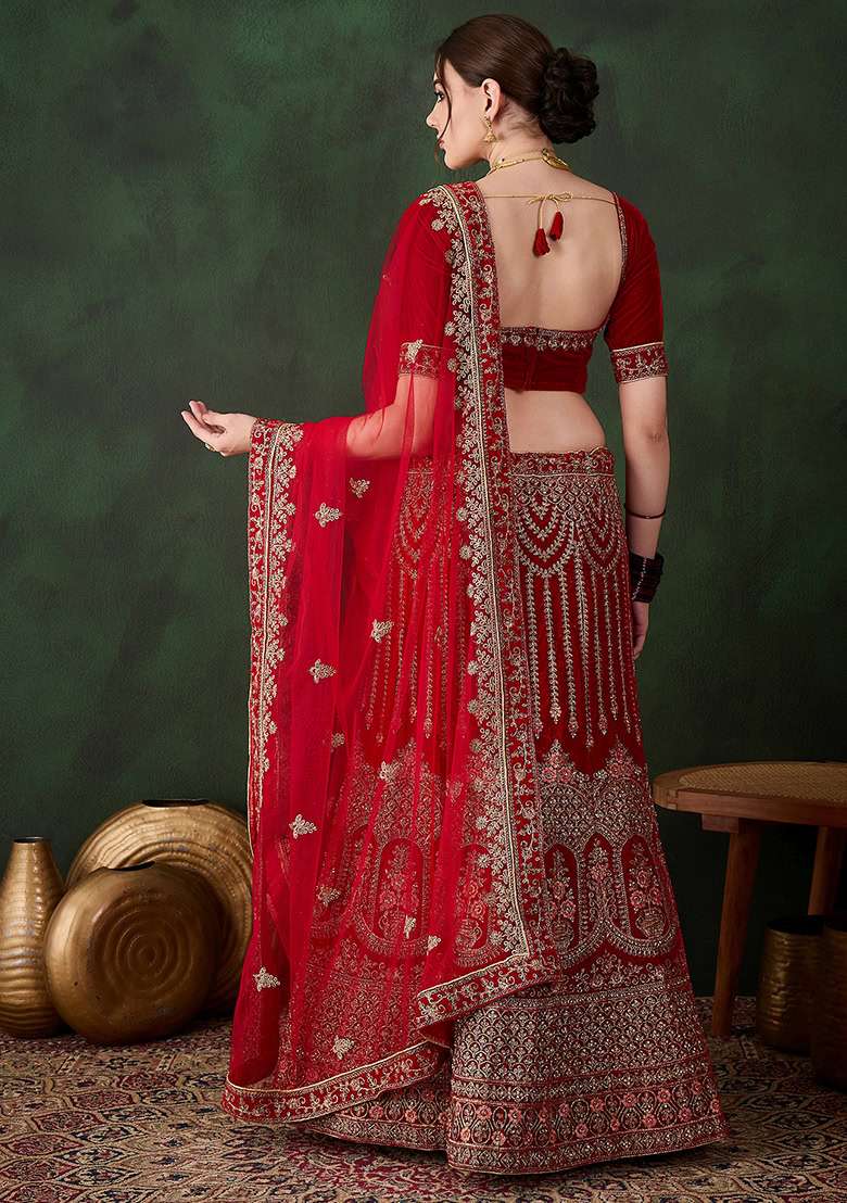 Red Work Women Choli Velvet Lehenga with Embroidery for Diwali | Wedding & Festive Wear - Indya