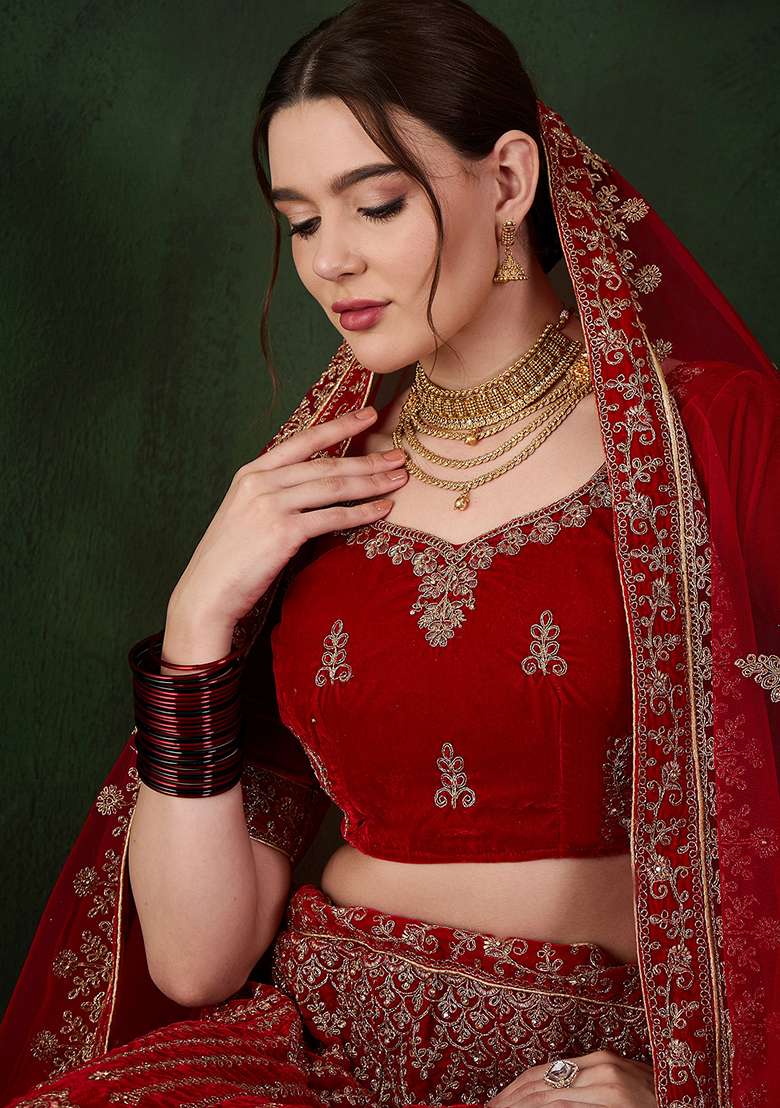 Red Work Women Choli Velvet Lehenga with Embroidery for Diwali | Wedding & Festive Wear - Indya
