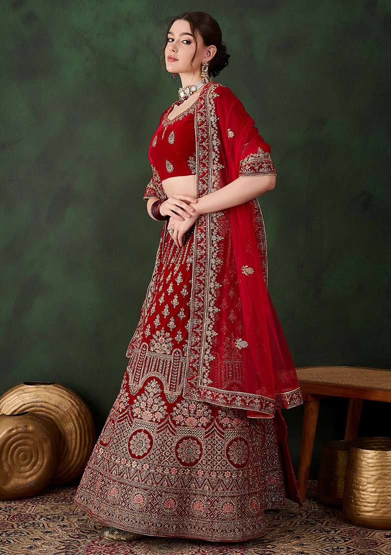 Red Embroidery Work Velvet Women Lehenga Choli for Diwali and Festive Wear - Indya