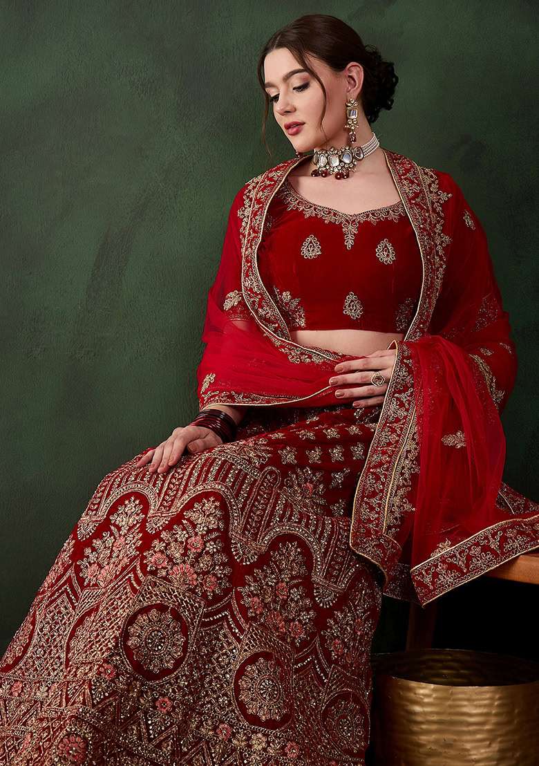 Red Embroidery Work Velvet Women Lehenga Choli for Diwali and Festive Wear - Indya