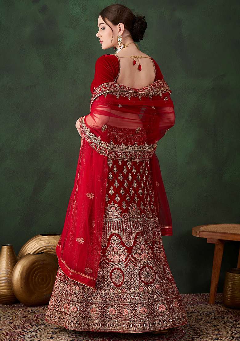 Red Embroidery Work Velvet Women Lehenga Choli for Diwali and Festive Wear - Indya