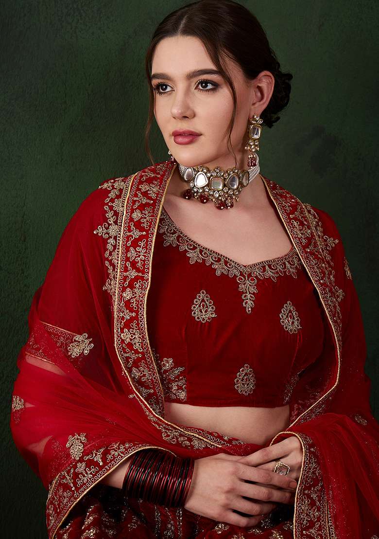 Red Embroidery Work Velvet Women Lehenga Choli for Diwali and Festive Wear - Indya
