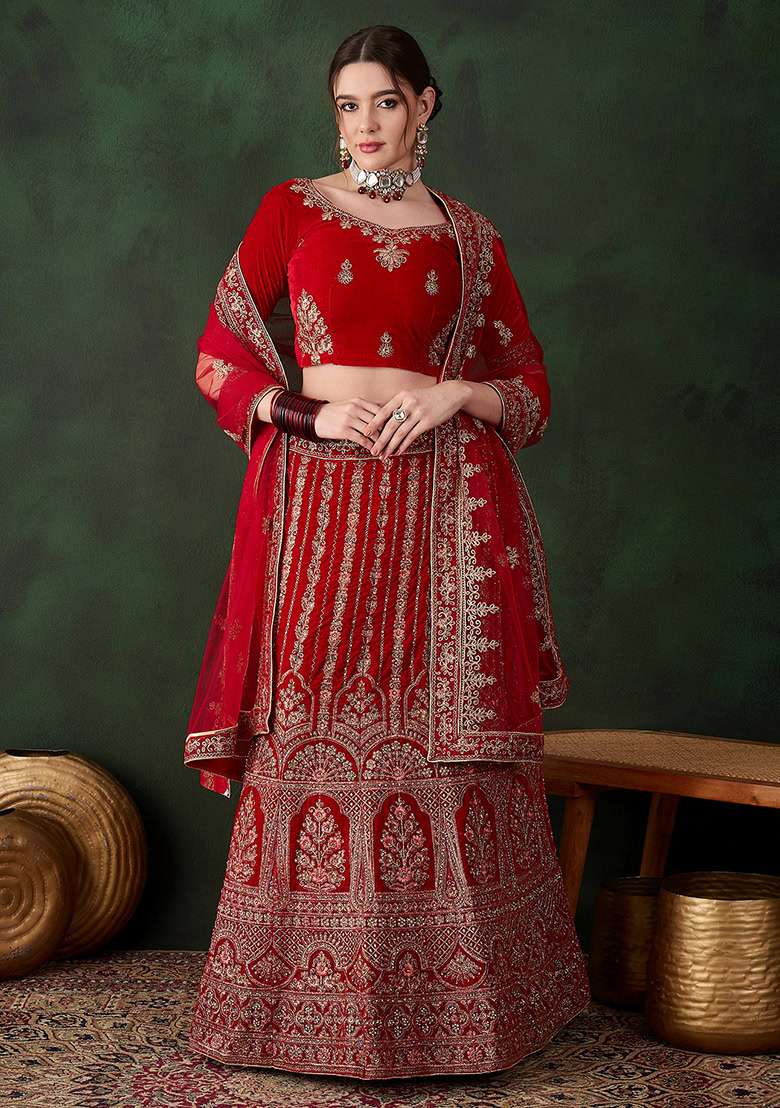 Red Embroidery Work Velvet Women Lehenga Choli for Diwali and Festive Wear - Indya