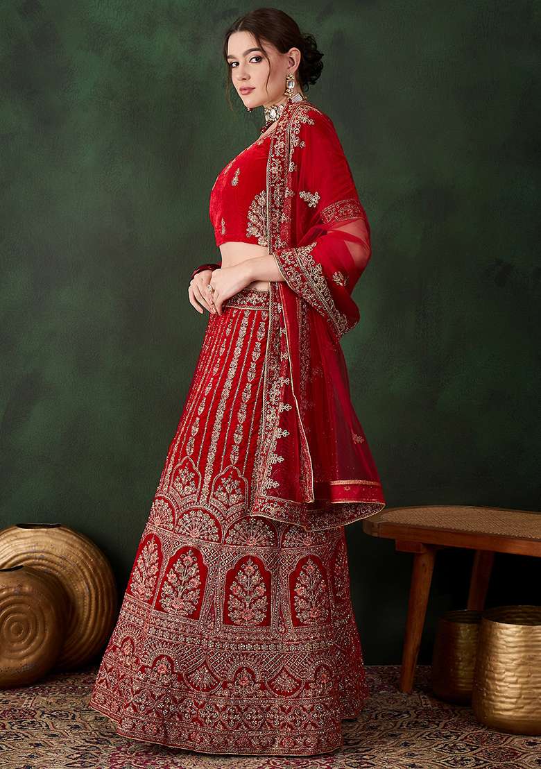 Red Embroidery Work Velvet Women Lehenga Choli for Diwali and Festive Wear - Indya