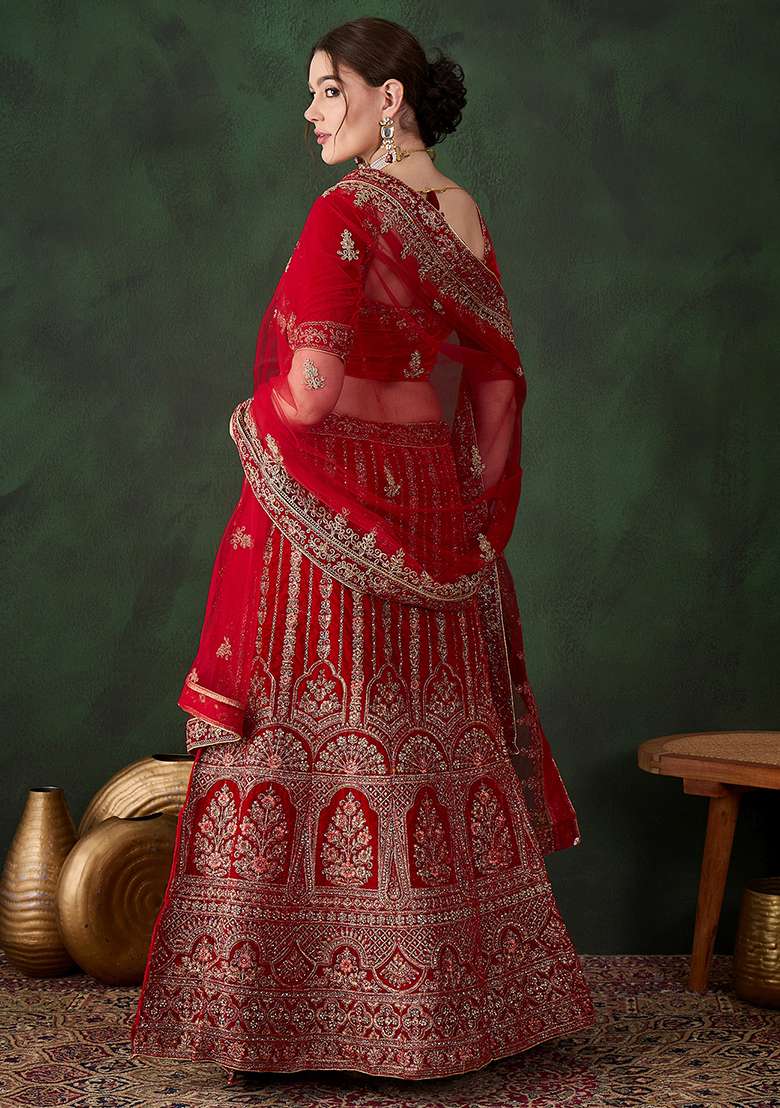 Red Embroidery Work Velvet Women Lehenga Choli for Diwali and Festive Wear - Indya