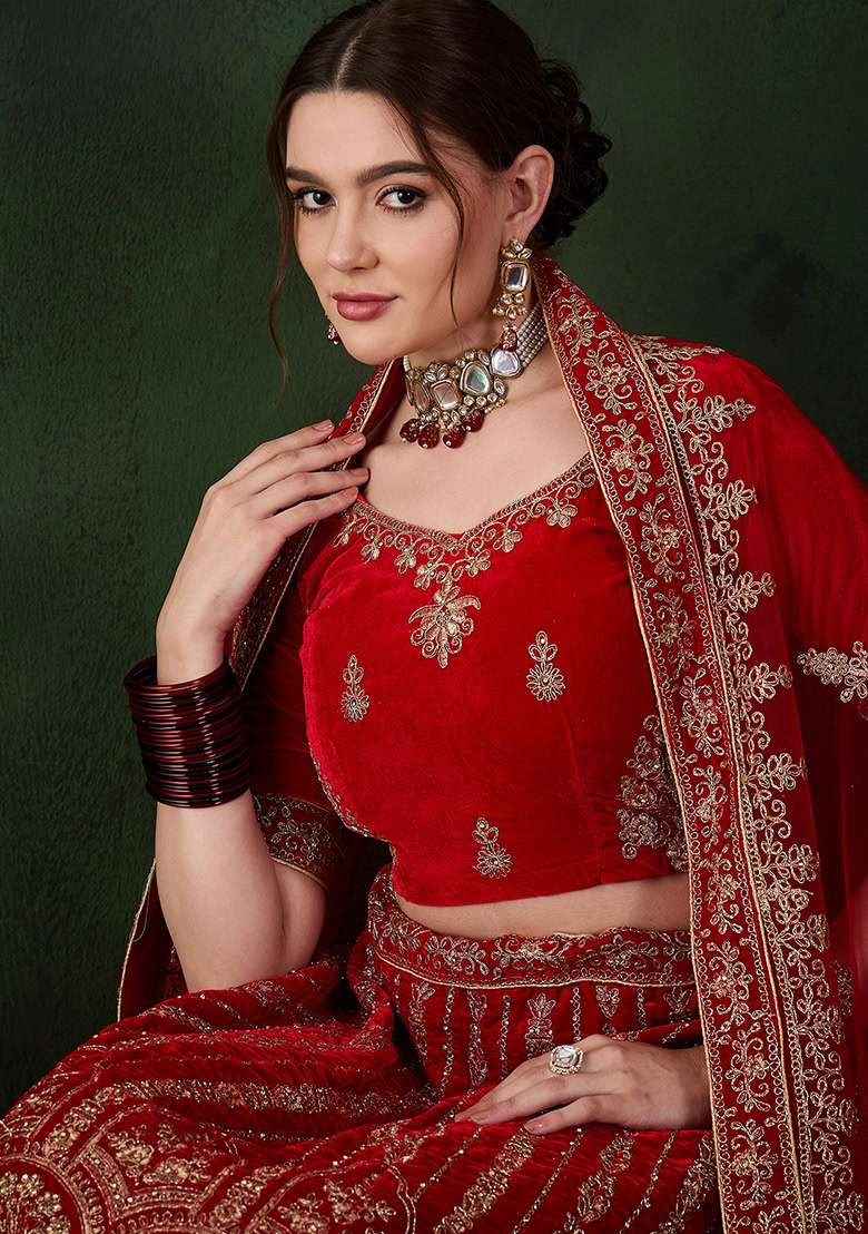 Red Embroidery Work Velvet Women Lehenga Choli for Diwali and Festive Wear - Indya