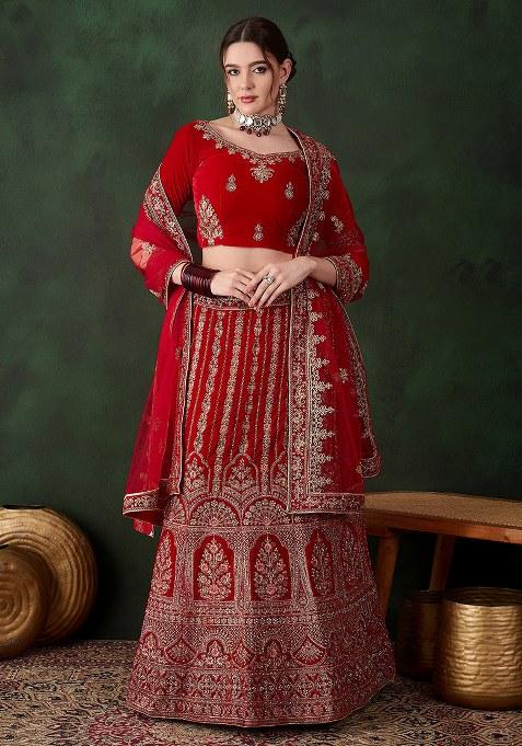 Red Embroidery Work Velvet Women Lehenga Choli