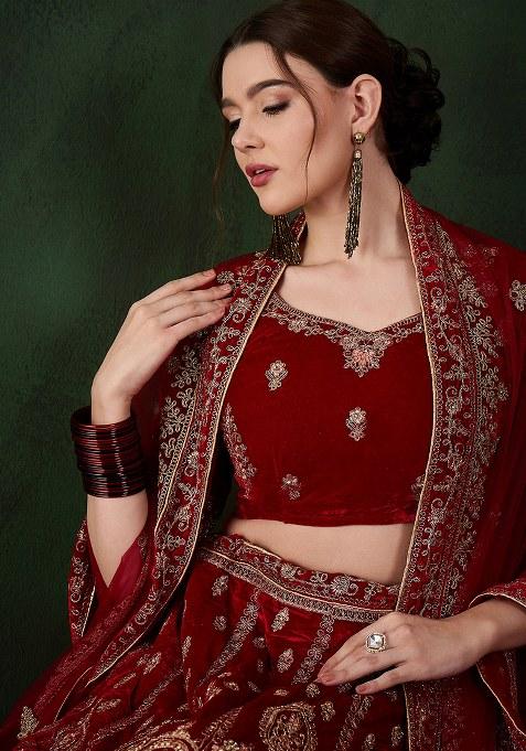 Maroon Embroidery Work Velvet Women Lehenga Choli