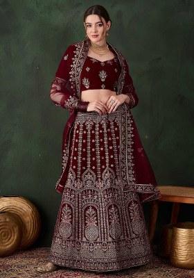Maroon Embroidery Work Velvet Women Lehenga Choli