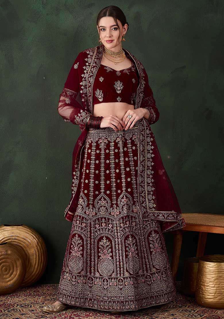 Maroon Embroidery Work Velvet Women Lehenga Choli for Diwali and Festive Wear - Indya