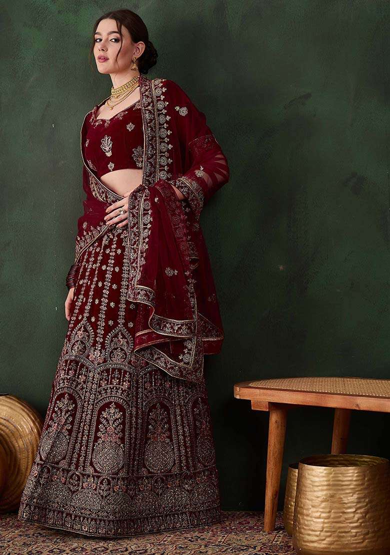 Maroon Embroidery Work Velvet Women Lehenga Choli for Diwali and Festive Wear - Indya