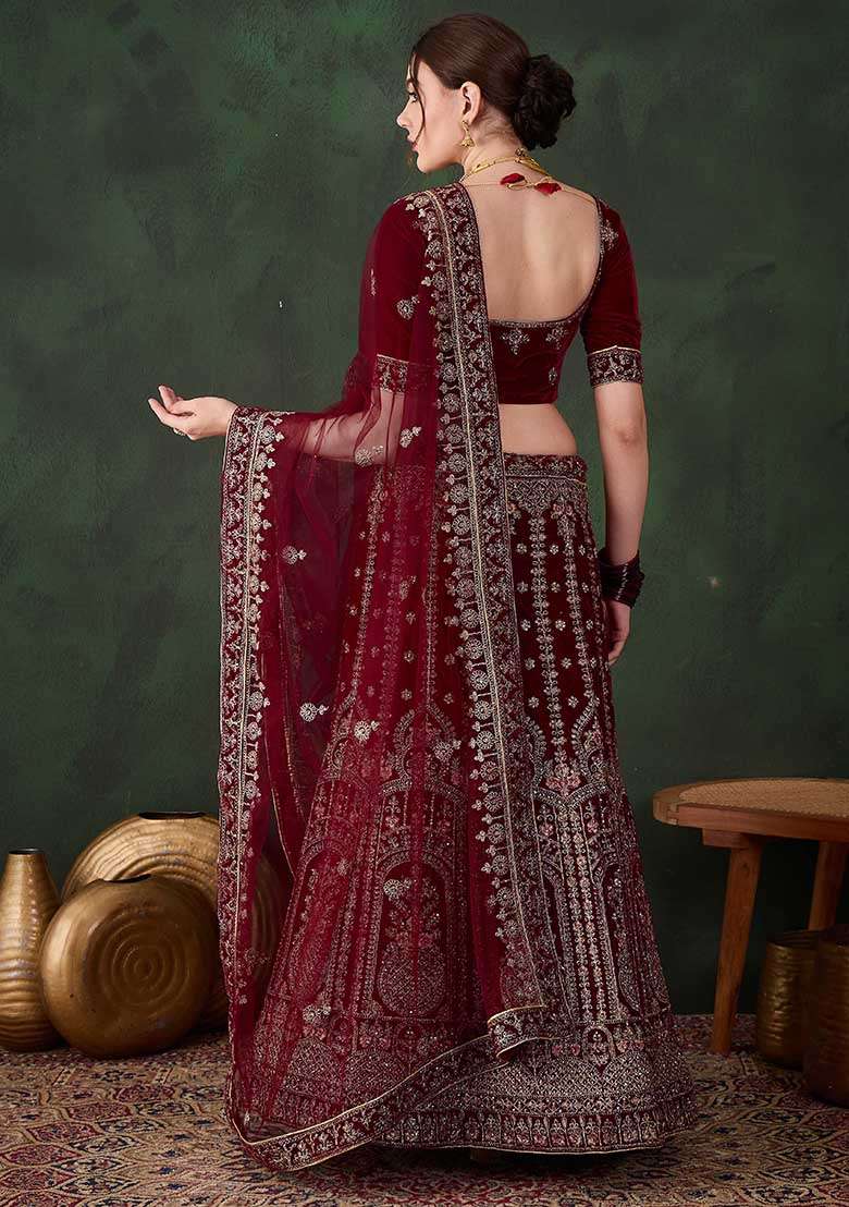 Maroon Embroidery Work Velvet Women Lehenga Choli for Diwali and Festive Wear - Indya