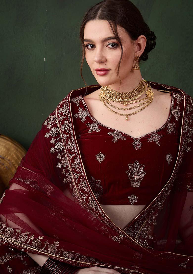 Maroon Embroidery Work Velvet Women Lehenga Choli - Indya