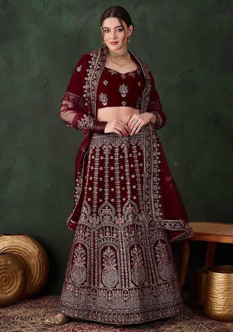 Maroon Embroidery Work Velvet Women Lehenga Choli