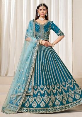 Teal Embroidered Silk Lehenga Set