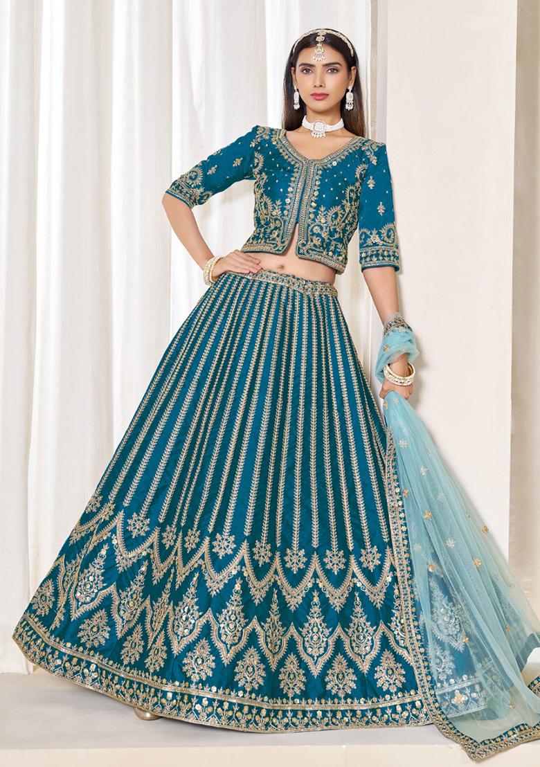 Teal Embroidered Silk Lehenga Set - Indya